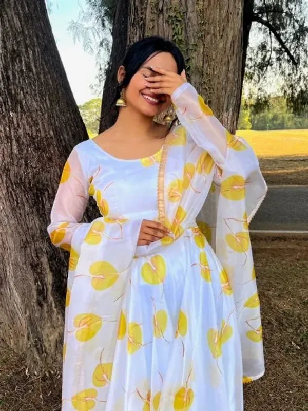 White_With_Yellow_Leaf_Print_Georgette_Anarkali_With_Duppta_