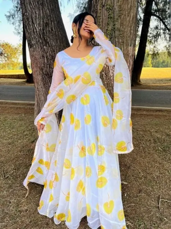 White_With_Yellow_Leaf_Print_Georgette_Anarkali_With_Duppta_