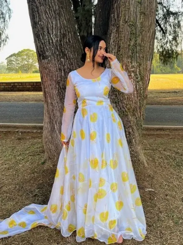 White_With_Yellow_Leaf_Print_Georgette_Anarkali_With_Duppta_