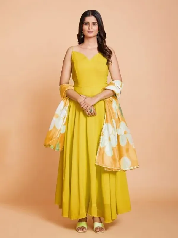 Yellow_Plain_Anarkali_With_Printed_Duppta