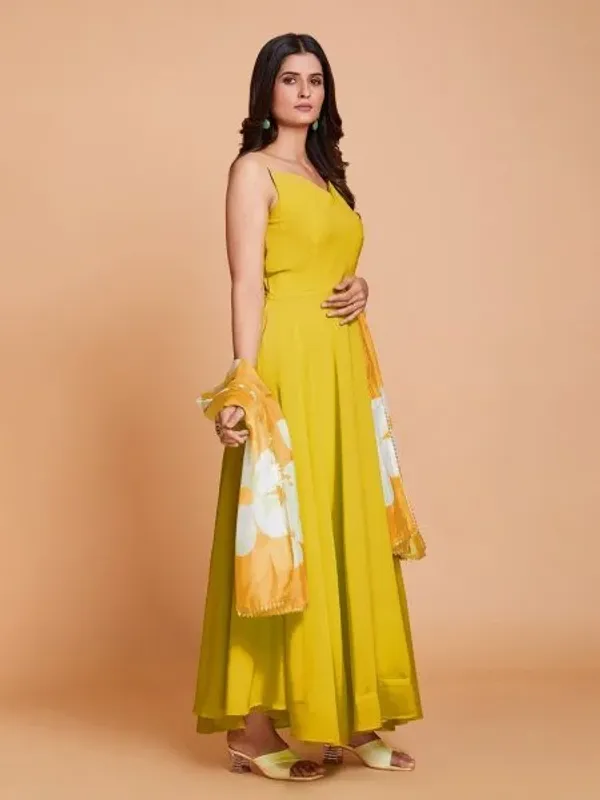 Yellow_Plain_Anarkali_With_Printed_Duppta