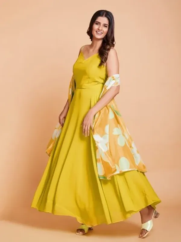 Yellow_Plain_Anarkali_With_Printed_Duppta
