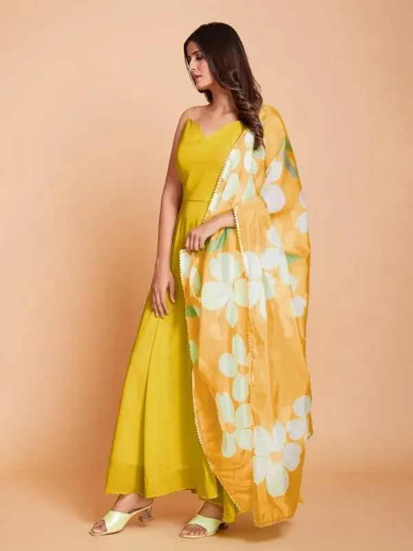 Yellow_Plain_Anarkali_With_Printed_Duppta