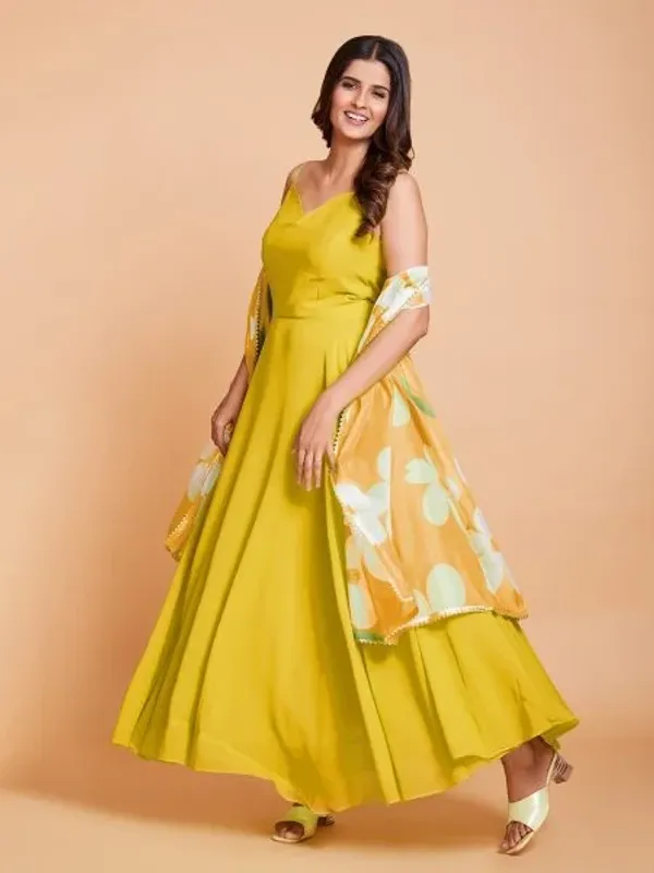 Yellow_Plain_Anarkali_With_Printed_Duppta