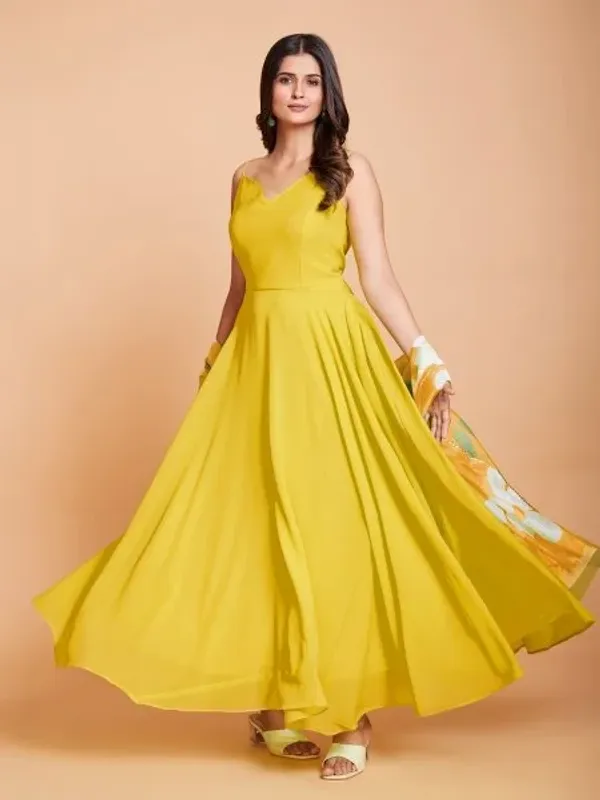 Yellow_Plain_Anarkali_With_Printed_Duppta