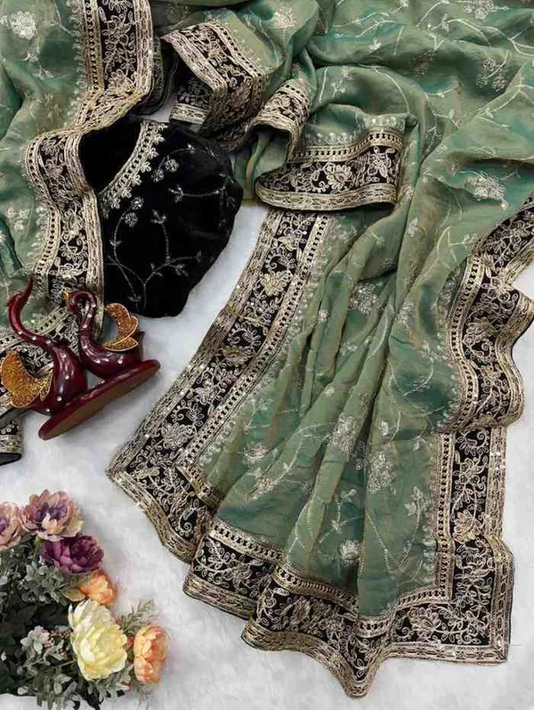 Moss_Silk_Zari_Embroidery_Worked_Designer_Saree