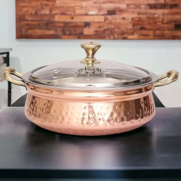 2200_Ml_Steel_Copper_Hammered_Design_Handi/Bowl/Casserole_With_Toughened_Glass_Lid