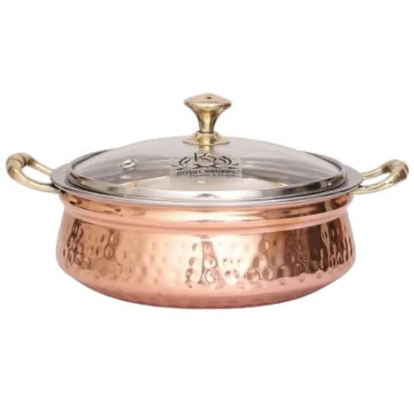 2200_Ml_Steel_Copper_Hammered_Design_Handi/Bowl/Casserole_With_Toughened_Glass_Lid