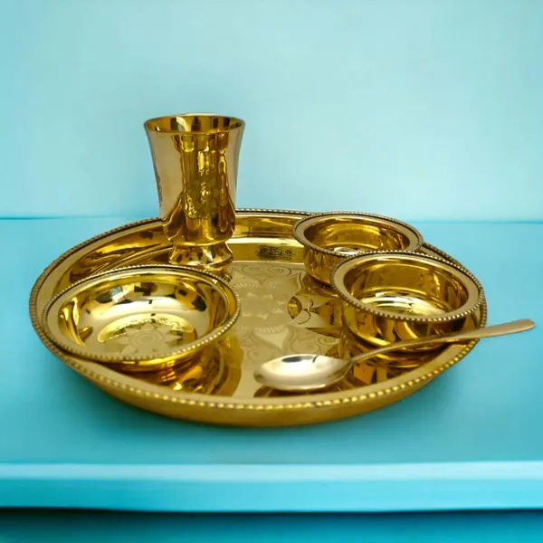 6_Items_Brass_Thali_Set_1_Thali_2_Bowls_1_Dessert_Plate_1_Glass_And_1_Spoon_Dinner_Set_(Gold)