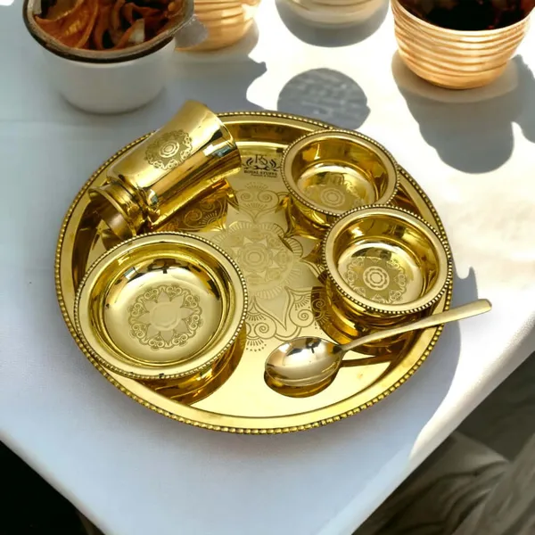 6_Items_Brass_Thali_Set_1_Thali_2_Bowls_1_Dessert_Plate_1_Glass_And_1_Spoon_Dinner_Set_(Gold)
