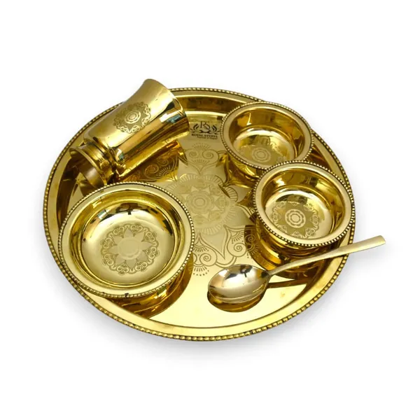 6_Items_Brass_Thali_Set_1_Thali_2_Bowls_1_Dessert_Plate_1_Glass_And_1_Spoon_Dinner_Set_(Gold)