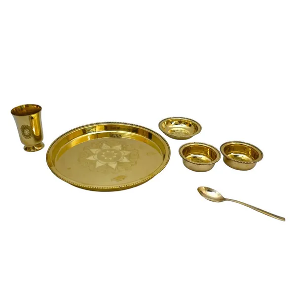 6_Items_Brass_Thali_Set_1_Thali_2_Bowls_1_Dessert_Plate_1_Glass_And_1_Spoon_Dinner_Set_(Gold)