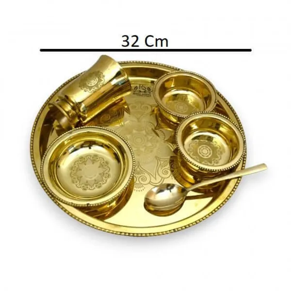 6_Items_Brass_Thali_Set_1_Thali_2_Bowls_1_Dessert_Plate_1_Glass_And_1_Spoon_Dinner_Set_(Gold)