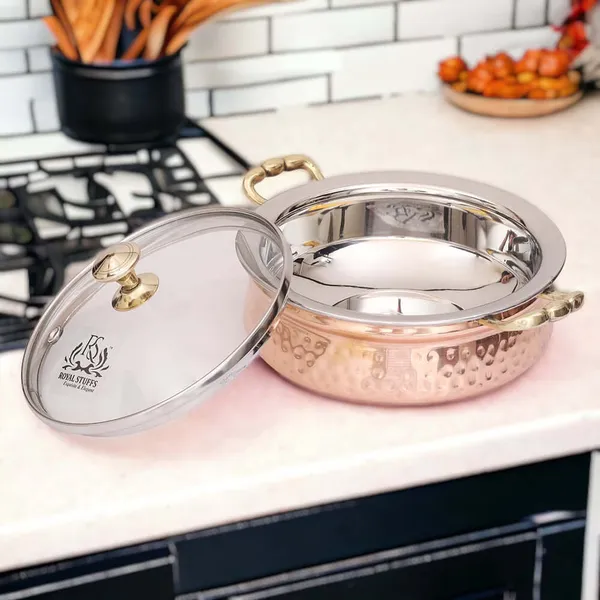 780_Ml_Steel_Copper_Hammered_Design_Handi/Bowl/Casserole_With_Toughened_Glass_Lid