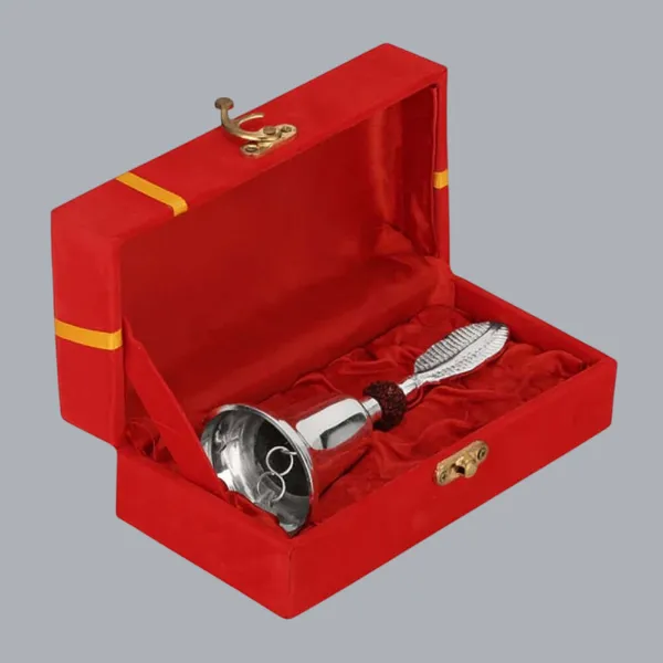 Royalstuffs_German_Silver_Rudraksh_Puja_Bell_With_Beautiful_Red_Velvet_BoxWeight_250_Gram