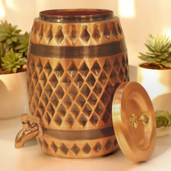 DholakShaped_Diamond_Pattern_Antique_Copper_Water_Dispenser