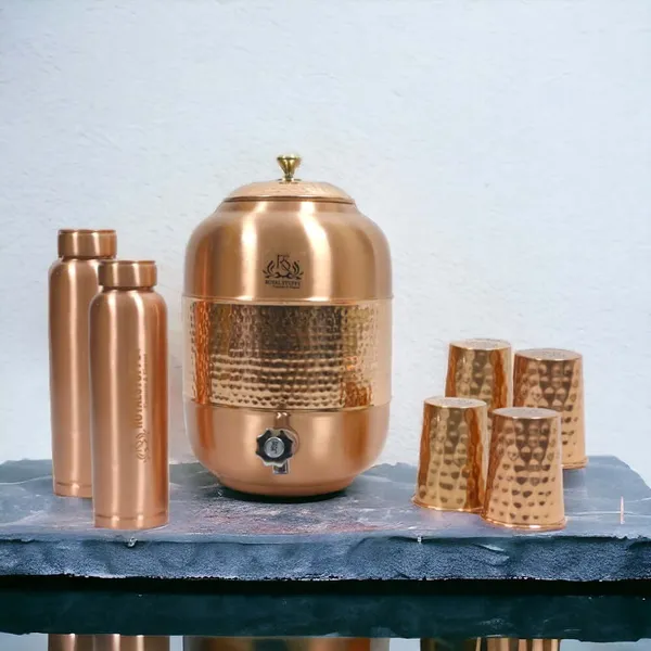 Royalstuffs_12_Liters_Pure_Copper_Drinkware_Water_Dispenser_Hammered_Finish_Ayurveda_Health_Healing_Water_Container_Tank_With_4_Matching_Tumbler_Glasses_And_2_Copper_Bottle