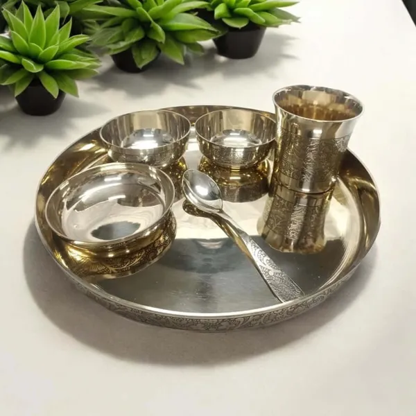 Royalstuffs_12Inch_Kansa_Utensil_6_Piece_Embossed_Designer_Dinner_Thali_Set_For_Home_Hotel_Restaurant_With_1_Dinner_Plate_2_Bowl_1_Rice_Plate_1_Glass_&_1_Spoon