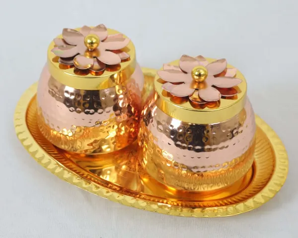 Royalstuffs_Double_Gold_Copper_Plated_Flower_Design_Jar/Copper_Container_With_Tray_For_Dry_Fruits/Decorative_Serving_Box_Set_Of_3_Size_4_Inch_Packed_In_Golden_Box_Serveware_Tableware