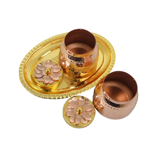 Royalstuffs_Double_Gold_Copper_Plated_Flower_Design_Jar/Copper_Container_With_Tray_For_Dry_Fruits/Decorative_Serving_Box_Set_Of_3_Size_4_Inch_Packed_In_Golden_Box_Serveware_Tableware