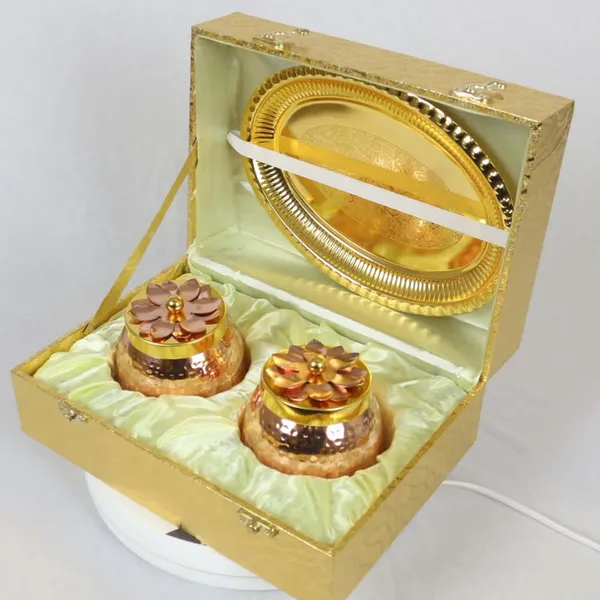 Royalstuffs_Double_Gold_Copper_Plated_Flower_Design_Jar/Copper_Container_With_Tray_For_Dry_Fruits/Decorative_Serving_Box_Set_Of_3_Size_4_Inch_Packed_In_Golden_Box_Serveware_Tableware