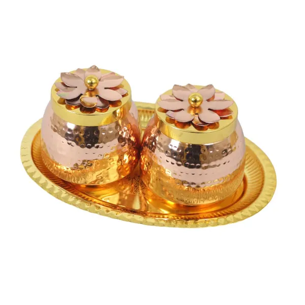 Royalstuffs_Double_Gold_Copper_Plated_Flower_Design_Jar/Copper_Container_With_Tray_For_Dry_Fruits/Decorative_Serving_Box_Set_Of_3_Size_4_Inch_Packed_In_Golden_Box_Serveware_Tableware