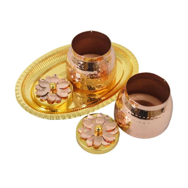 Royalstuffs_Double_Gold_Copper_Plated_Flower_Design_Jar/Copper_Container_With_Tray_For_Dry_Fruits/Decorative_Serving_Box_Set_Of_3_Size_4_Inch_Packed_In_Golden_Box_Serveware_Tableware