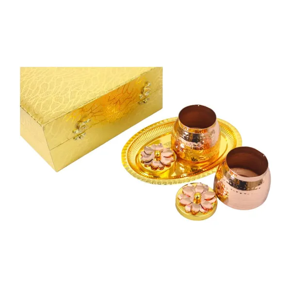 Royalstuffs_Double_Gold_Copper_Plated_Flower_Design_Jar/Copper_Container_With_Tray_For_Dry_Fruits/Decorative_Serving_Box_Set_Of_3_Size_4_Inch_Packed_In_Golden_Box_Serveware_Tableware