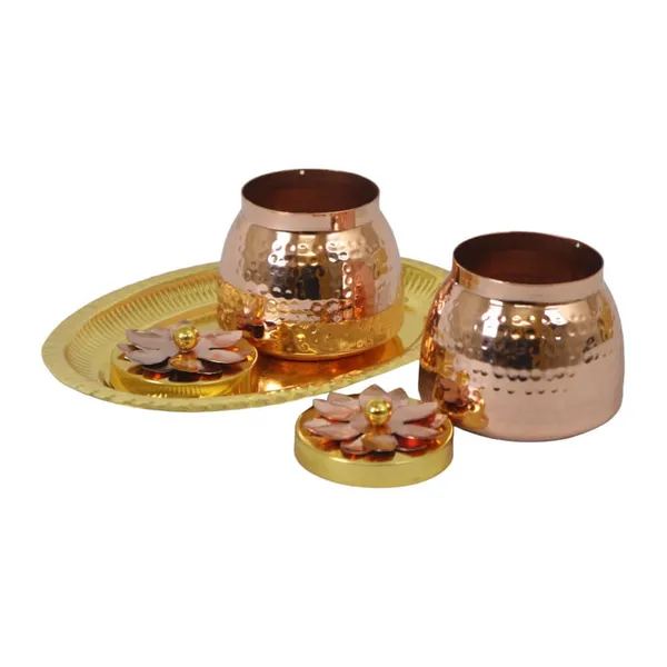 Royalstuffs_Double_Gold_Copper_Plated_Flower_Design_Jar/Copper_Container_With_Tray_For_Dry_Fruits/Decorative_Serving_Box_Set_Of_3_Size_4_Inch_Packed_In_Golden_Box_Serveware_Tableware