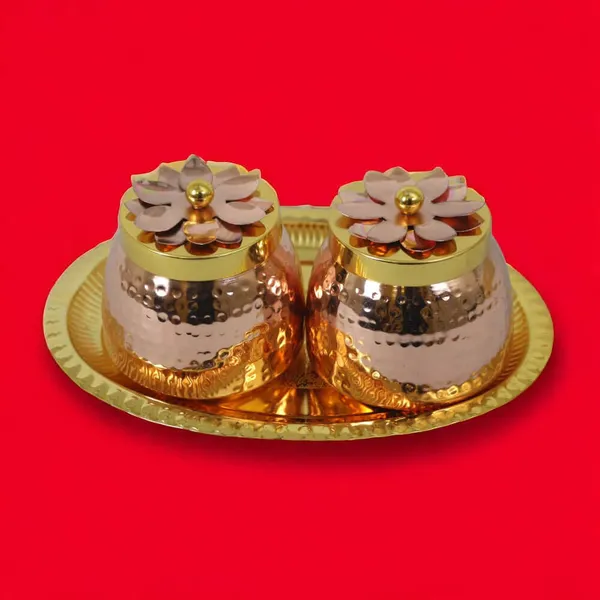 Royalstuffs_Double_Gold_Copper_Plated_Flower_Design_Jar/Copper_Container_With_Tray_For_Dry_Fruits/Decorative_Serving_Box_Set_Of_3_Size_4_Inch_Packed_In_Golden_Box_Serveware_Tableware