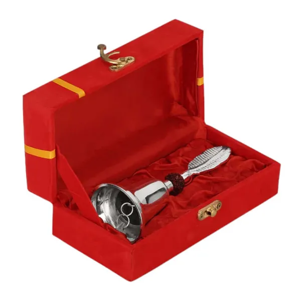 Royalstuffs_German_Silver_Rudraksh_Puja_Bell_With_Beautiful_Red_Velvet_BoxWeight_250_Gram