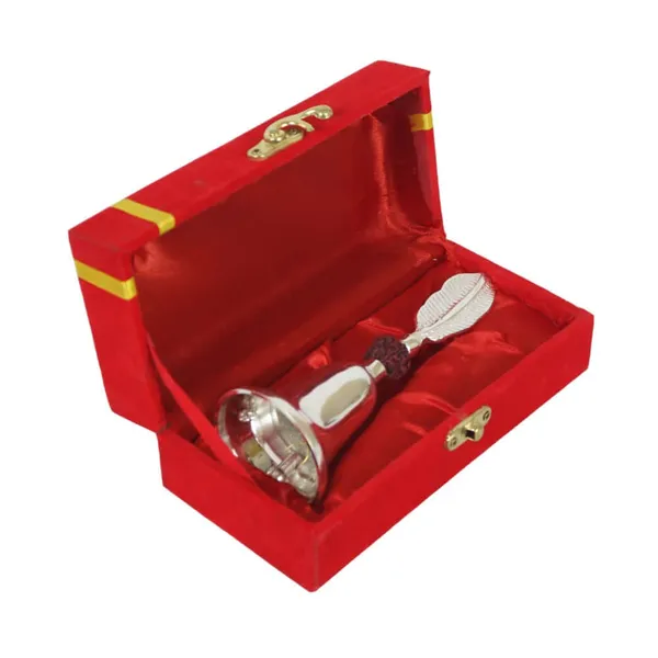 Royalstuffs_German_Silver_Rudraksh_Puja_Bell_With_Beautiful_Red_Velvet_BoxWeight_250_Gram