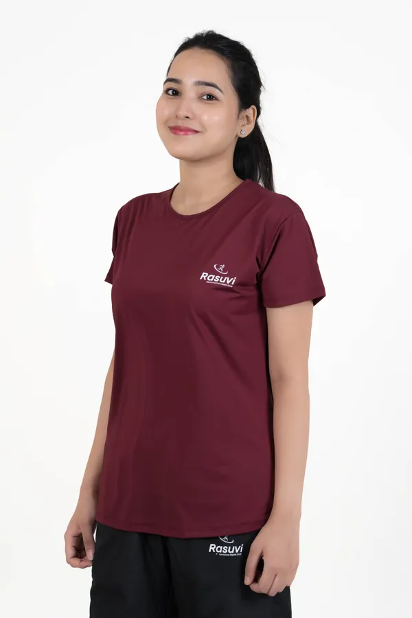 Wine_&_Aqua_Blue_Poly_Spendex_T-Shirt_For_Women