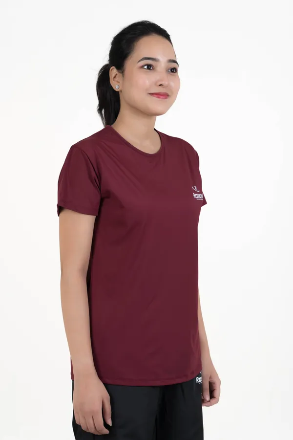 Wine_&_Aqua_Blue_Poly_Spendex_T-Shirt_For_Women