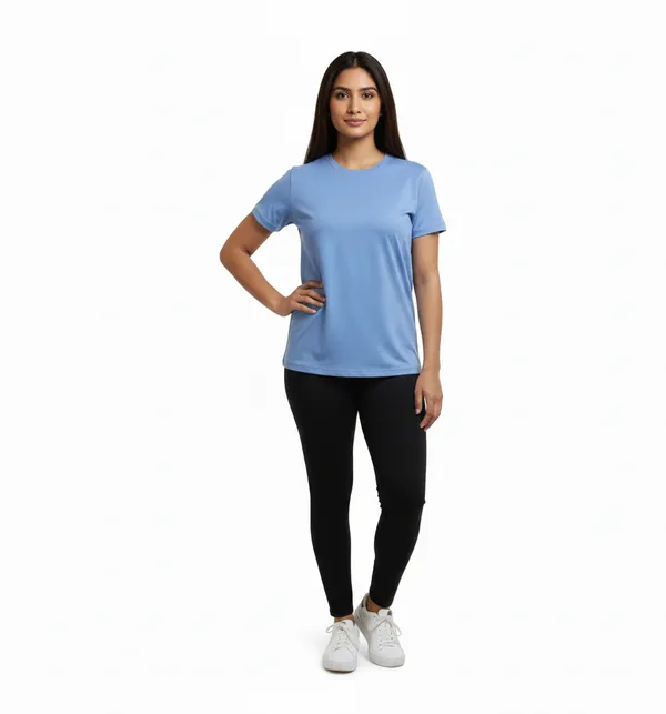 Wine_&_Aqua_Blue_Poly_Spendex_T-Shirt_For_Women