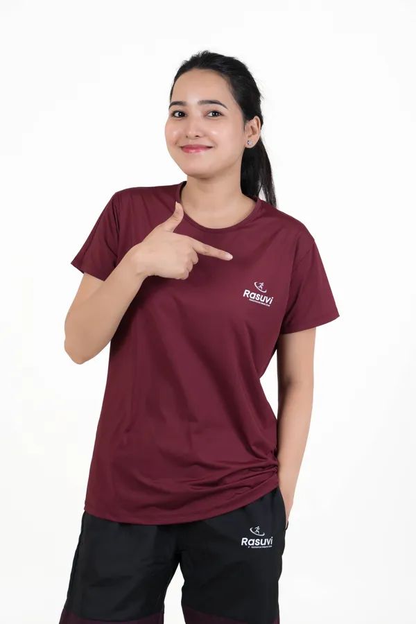 Wine_&_Aqua_Blue_Poly_Spendex_T-Shirt_For_Women