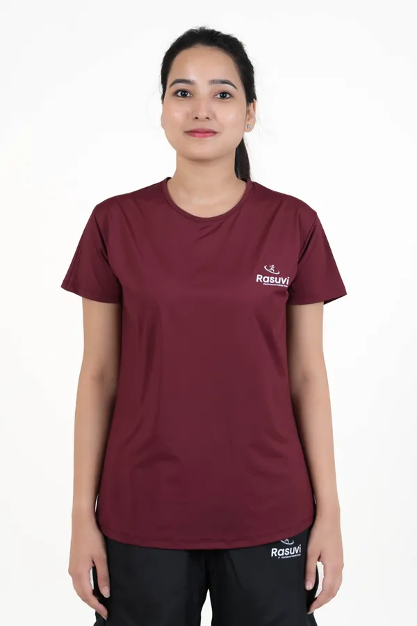 Wine_&_Aqua_Blue_Poly_Spendex_T-Shirt_For_Women