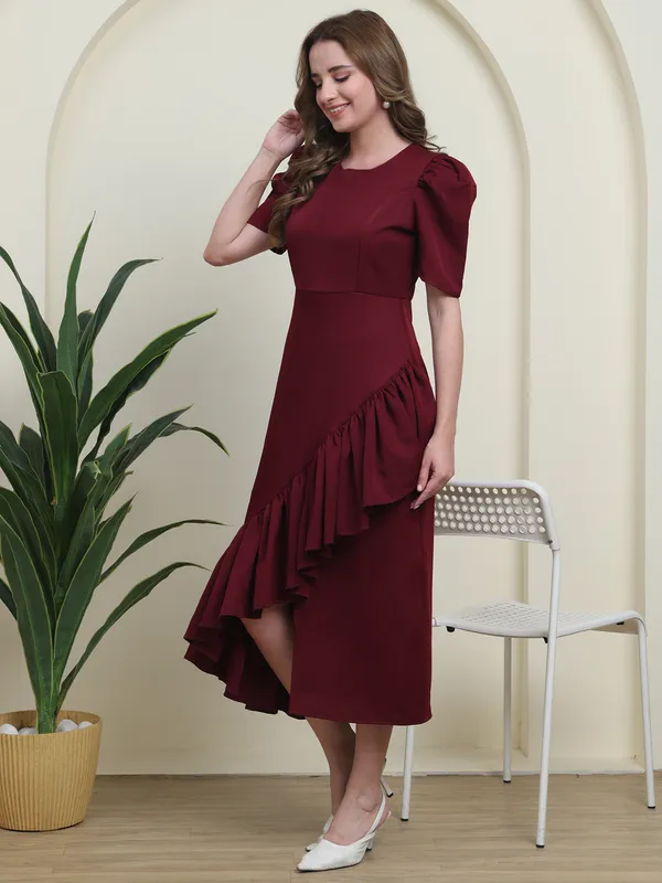 Maroon_Majesty_Puff_Sleeve_Asymmetrical_Ruffle_Dress_For_Women