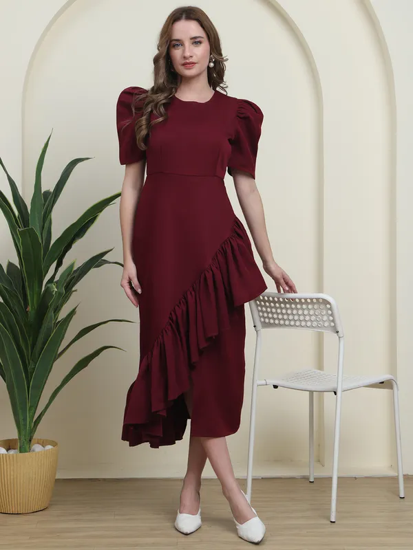 Maroon_Majesty_Puff_Sleeve_Asymmetrical_Ruffle_Dress_For_Women