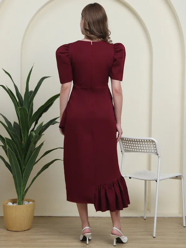 Maroon_Majesty_Puff_Sleeve_Asymmetrical_Ruffle_Dress_For_Women