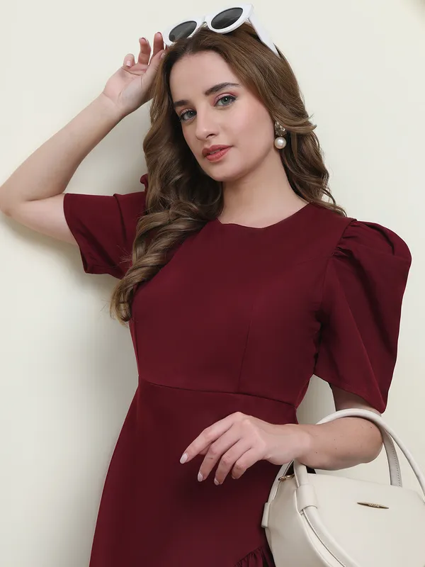 Maroon_Majesty_Puff_Sleeve_Asymmetrical_Ruffle_Dress_For_Women