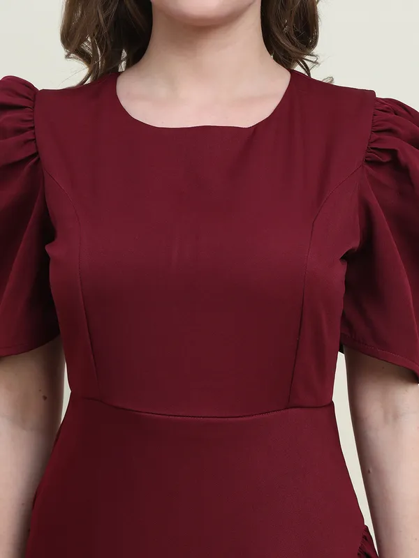 Maroon_Majesty_Puff_Sleeve_Asymmetrical_Ruffle_Dress_For_Women