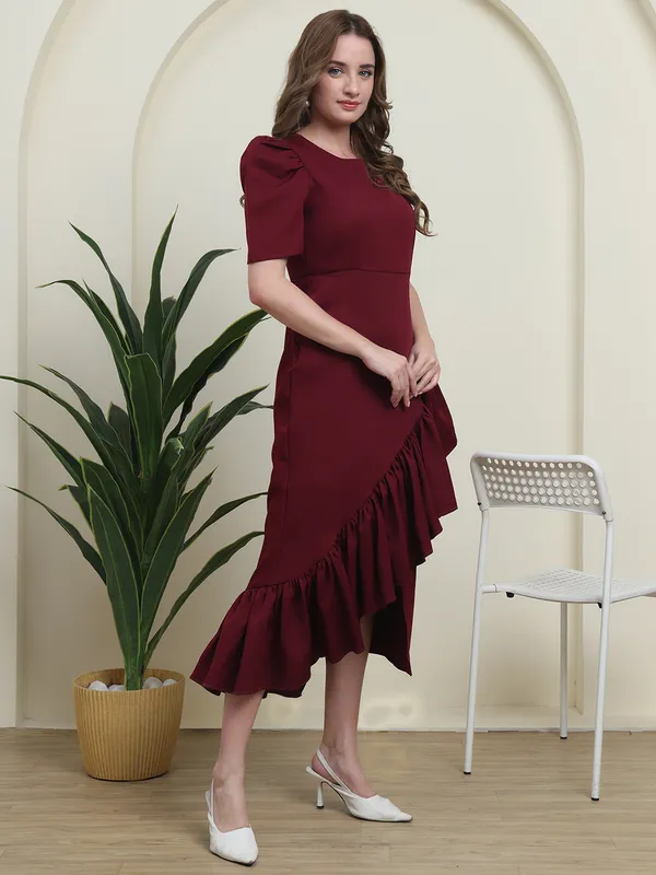 Maroon_Majesty_Puff_Sleeve_Asymmetrical_Ruffle_Dress_For_Women