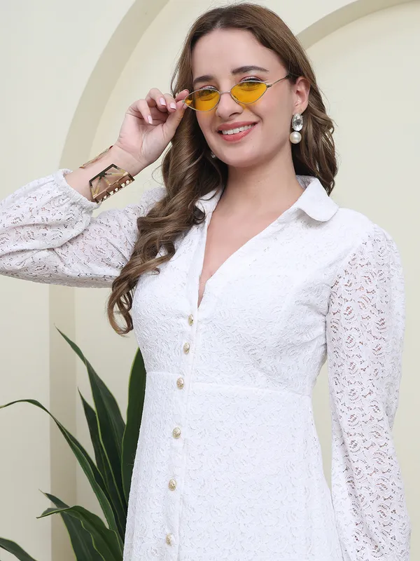 White_Ivory_Elite_Lyon_Lace_Button-Down_Western_Dress_For_Women