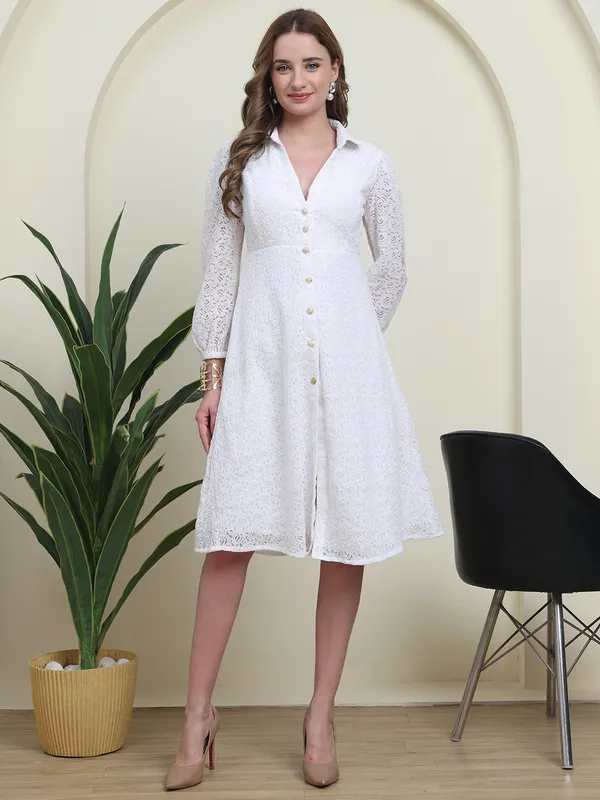 White_Ivory_Elite_Lyon_Lace_Button-Down_Western_Dress_For_Women