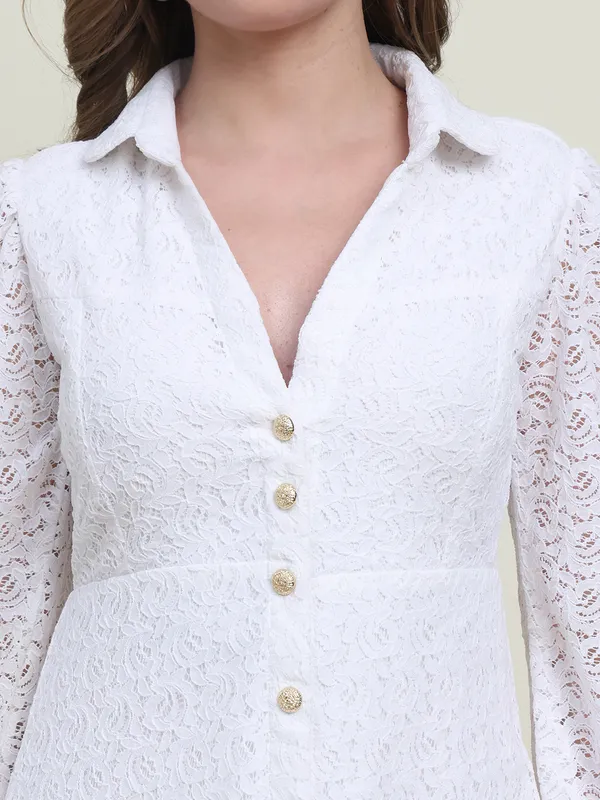 White_Ivory_Elite_Lyon_Lace_Button-Down_Western_Dress_For_Women