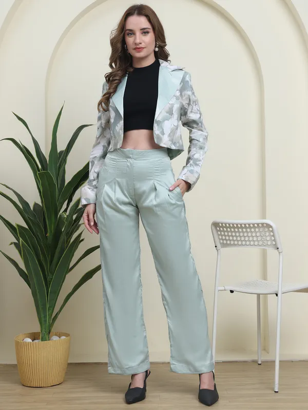 Green_Mint_Aura_Dobby_Silk_Co-ord_Set_with_Printed_Cotrise_Blazer._For_Women
