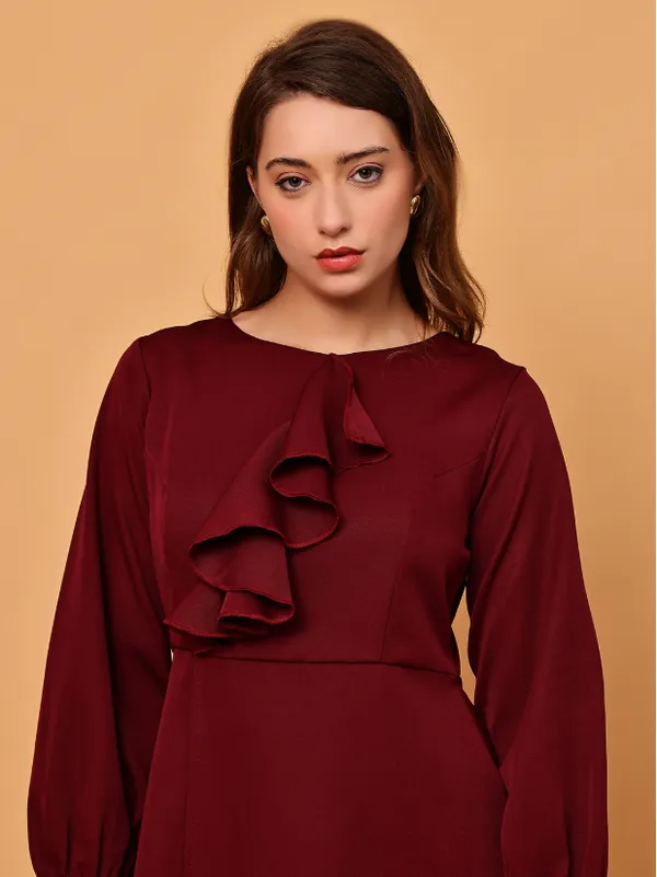 Maroon_Ruffle_Detail_Crepe_Western_Dress_For_Women