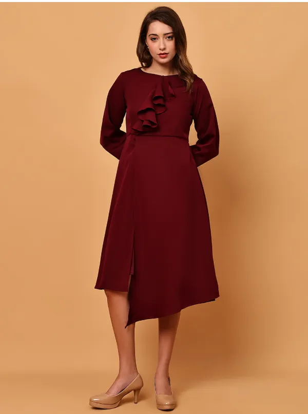Maroon_Ruffle_Detail_Crepe_Western_Dress_For_Women