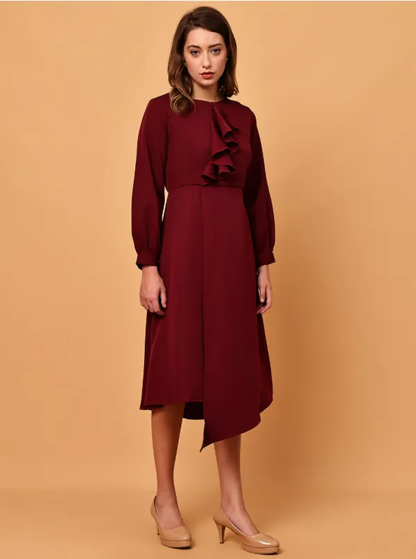 Maroon_Ruffle_Detail_Crepe_Western_Dress_For_Women